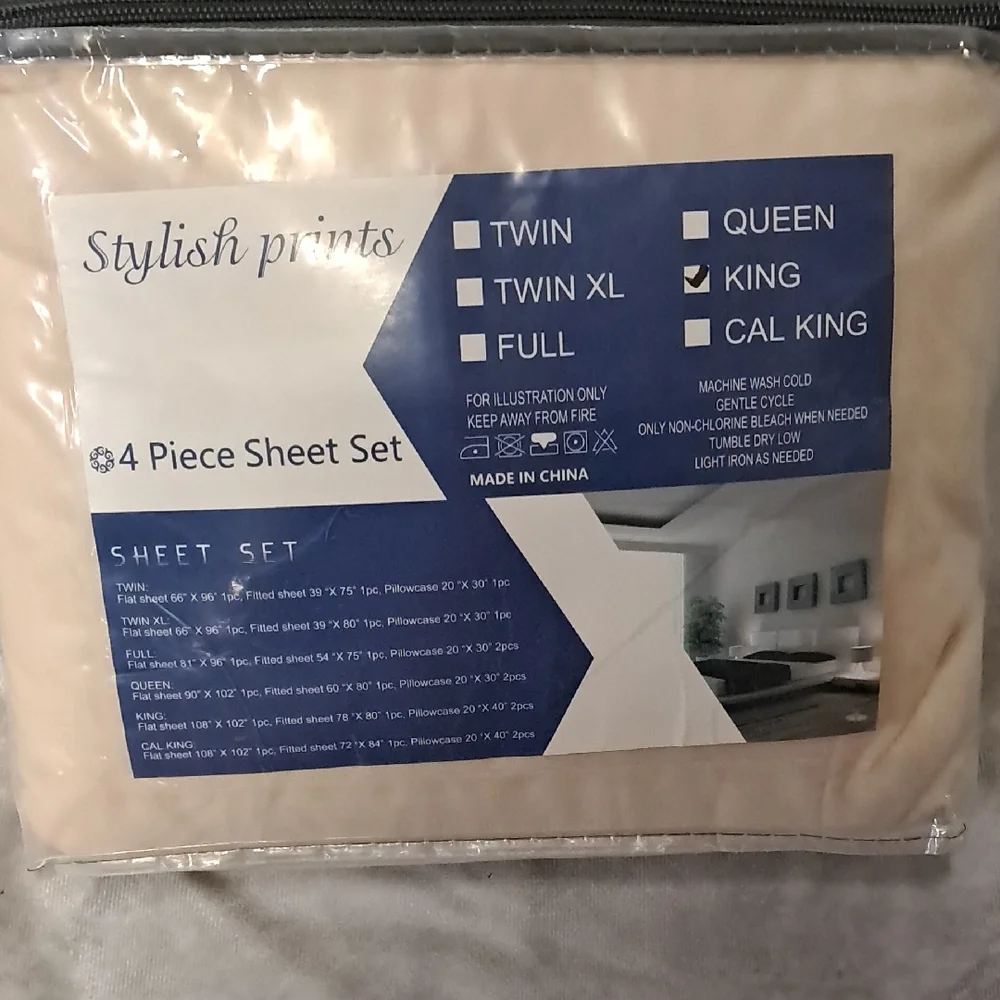 NWT Stylish Prints CREAM 4 Pc. King Sheet Set